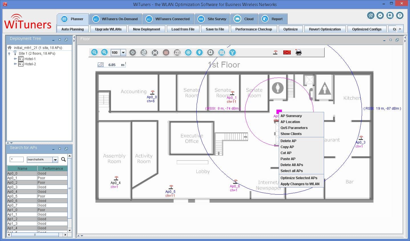 AP placement on multiple floors by WiTuners Planner, the Wi-Fi planning software