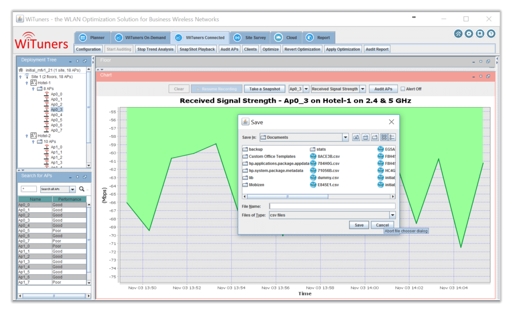 Snapshot to save CVS in WiFi Monitoring Software