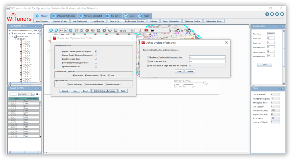 define under-performance for optimization in WiFi planning software