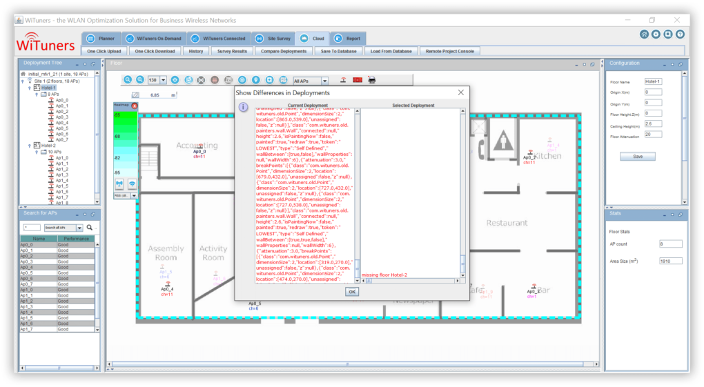 Compare differences in revisions of a deployment plan in WiFi planning software