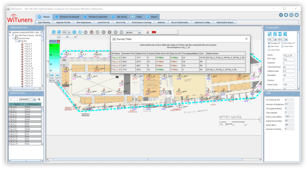 virtual site survey for a client device in wifi planner