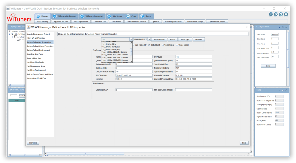 WiFi planning software define access point properites in wlan plan wirzard auto planning