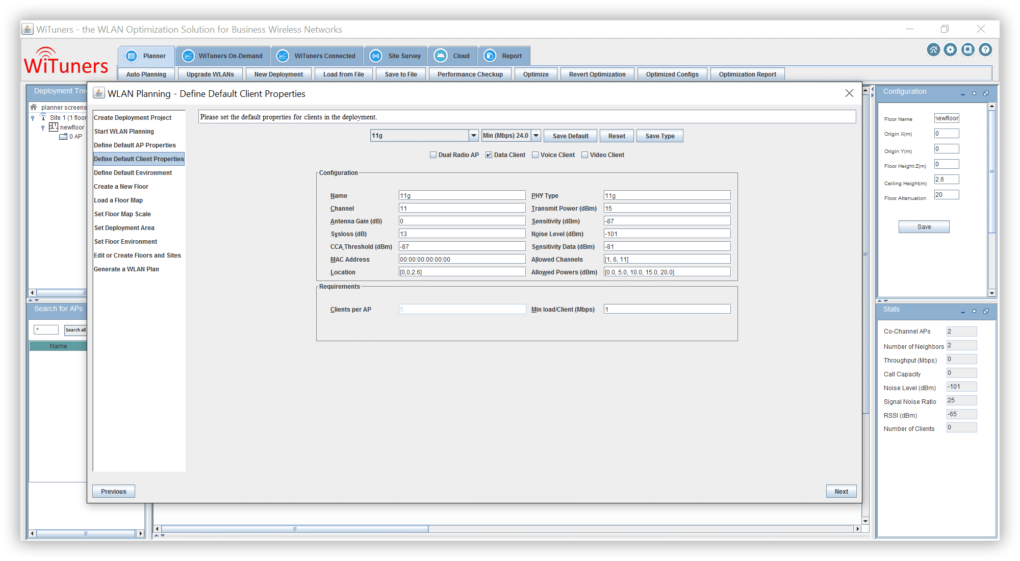 define client properites in wlan plan wirzard auto planning