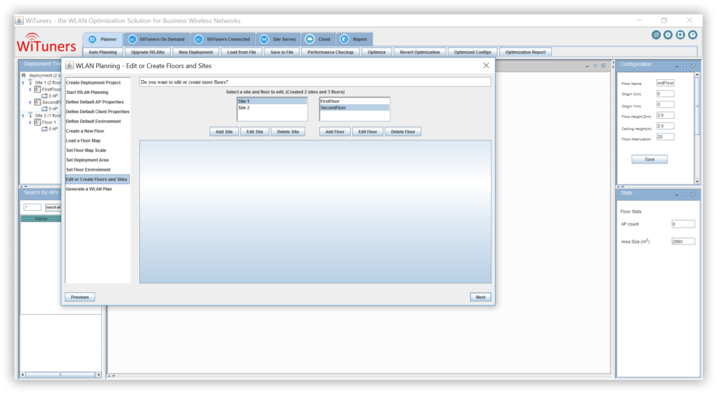 edit floor maps and sites for WiFi planning software in WLAN plan wizard